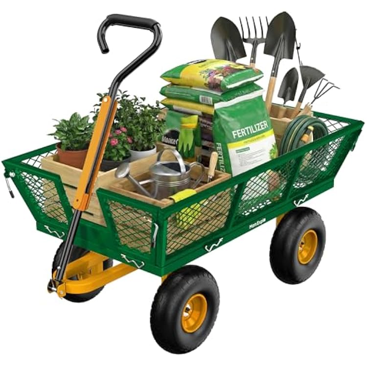 900 Lbs Heavy Duty Steel Garden Cart, Outdoor Metal Garden Wagon On Wheels, Utility Yard Cart with Mesh Removable SidesConvert to Flatbed and Removable Handle to Wheel Barrow, Green