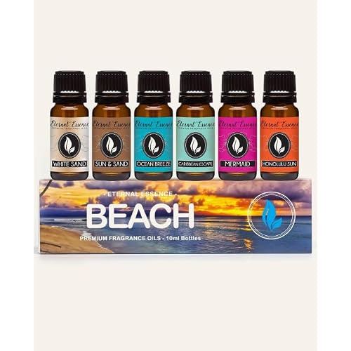Eternal Essence Oils Beach Set of 6 Premium Fragrance Oils - Includes White Sand, Ocean Breeze, Honolulu Sun, Mermaid, Caribbean Escape, and Sun & Sand Scented Oils - 10ML