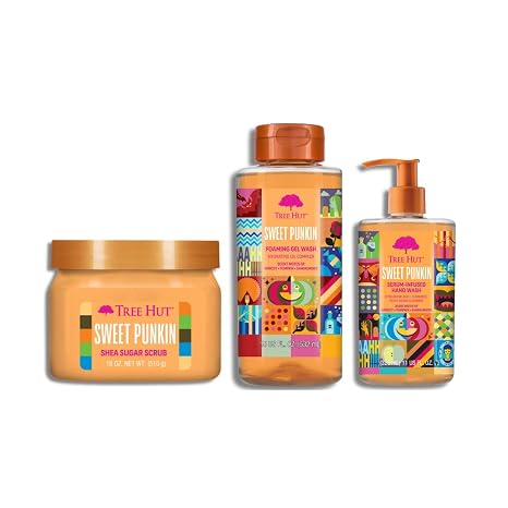 Tree Hut Sweet Punkin Body Care Trio | Exfoliating Scrub, Foaming Body Wash & Hydrating Hand Wash | Fall Scented Skincare for Soft, Nourished Skin | 3-Piece Bundle