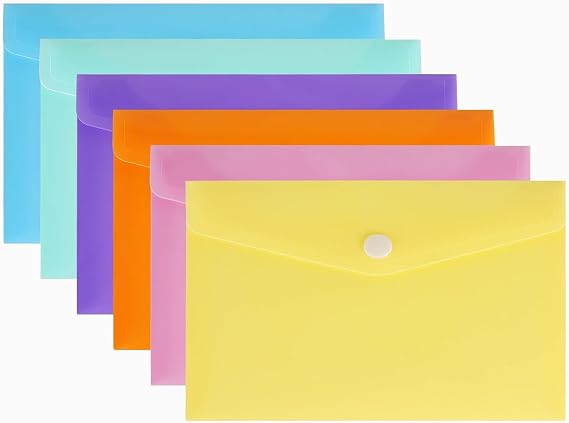 MultiBey A5 Plastic Envelopes with Snap Closure, 6 Pack