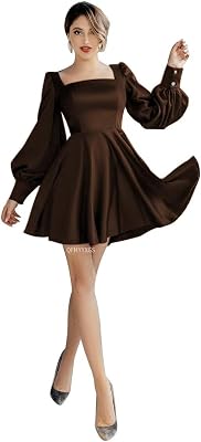 Long Sleeve Satin Homecoming Dresses for Teens Square Neck Short Prom Dress A Line Cocktail Party Dresss