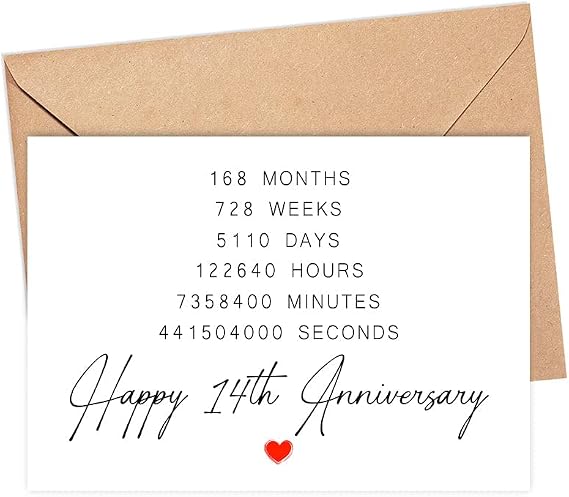 DiandDesignGift Happy 14th Anniversary Card - 14 Year Wedding Anniversary Card Gifts - Idea For Boyfriend - For Husband - For Wife - For Girlfriend - For Bestie - For Boss - For Colleagues