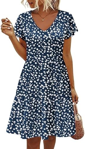 HOTOUCH Womens Casual Summer Dress with Pockets V Neck Ruffle Sleeve A-Line Dresses