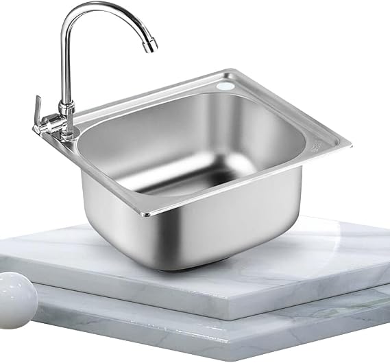 Small Kitchen Sink, Single Bowl Stainless Steel Sink for Camper Van RV Undermount and Flush Mount Installation, Reversible Drainer with Waste Pipe Clip Color: Silver, Size: D37x32cm