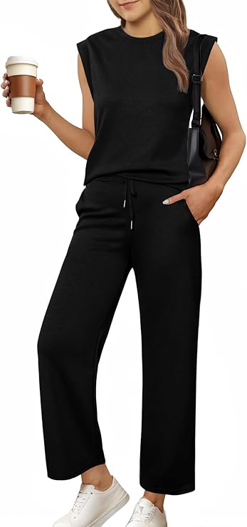 Glamaker Women's 2 Piece Sets Summer Lounge Travel Outfits Sleeveless Wide Leg Airport Casual Trendy Sweatsuits