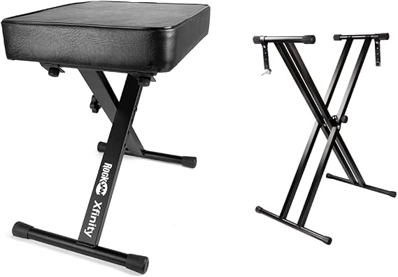 Rockjam RJX29 Double Braced Adjustable Keyboard Stand with Locking Straps, Black RJKBB100 Premium Adjustable Padded Keyboard Bench or Digital Piano Stool with lessons.