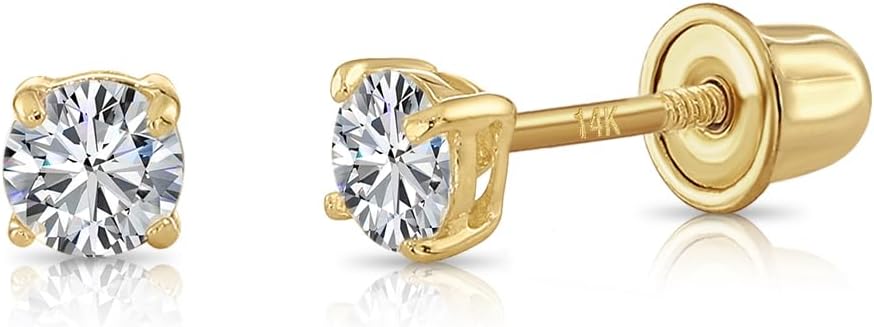 14K Yellow Gold Solitaire Round Lab-Grown Diamond Stud Earrings in Secure Screw-backs
