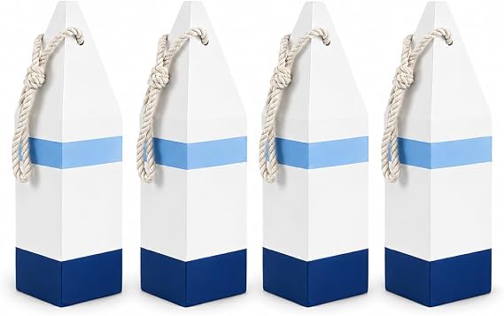 DECHOUS 4Pcs Wooden Buoy Decor - Blue White Mediterranean Ornament