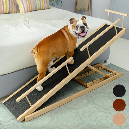 Dog ramp for Bed - PRIORPET Birchwood Adjustable Ramp for Dogs to Get on Bed: Dog ramps for High Beds up to 37 Inches Foldable Ramp, Anti-Slip Grip & Safety Rails, Small Dogs Up to 120lbs Natural