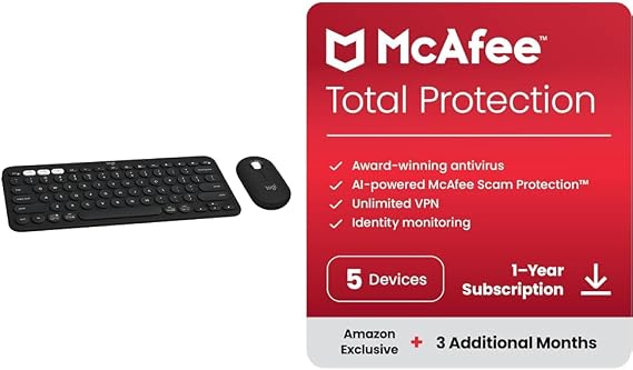 Logitech Pebble 2 Combo, Wireless Keyboard and Mouse + McAfee Total Protection 2024 | 5 Devices | 15 Month Subscription | Cybersecurity Software