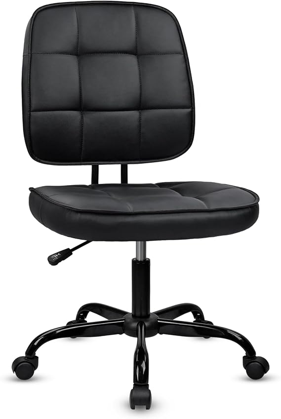 CLATINA Armless Home Office Chair with Lumbar Support and Wheels, Small PU Leather Ergonomic Low Back Desk Chairs No Arms, Adjustable Height 360 Swivel Rolling Computer Task Chair, Black