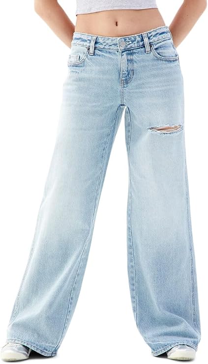 PacSun Women's Casey Low Rise Baggy Jeans Ripped Slit Light Indigo