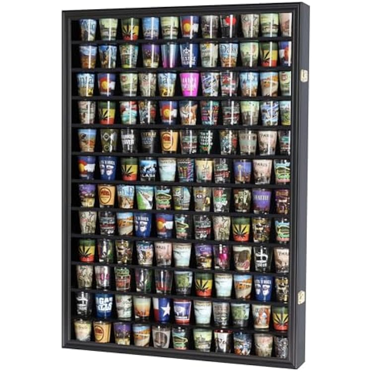 Large 144 Shot Glass Display Case Rack Solid Wood Cabinet Holder Wall Curio Cabinet Shadow Box for Action Figures Small Figurines - Lockable with UV Protection Door - Black Finish