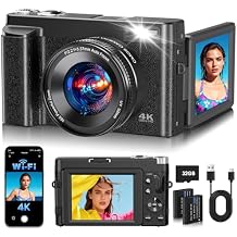 4K Digital Camera for Photography, 2026 Latest WiFi 64MP Vlogging Camera for YouTube with 180 flip Screen, Autofocus Anti-Shake, 16X Zoom, Compact Travel Camera, 32GB Card, 2 Batteries, Black
