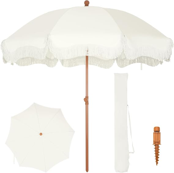 PHI VILLA Beach Umbrella 2M, Portable Fringed Garden Parasol with Ground Drill, Boho Patio Umbrella Round with Carry Bag, Outdoor UV Sun Shade Wind Resistant for Balcony Terrace, UPF 50+, Ivory