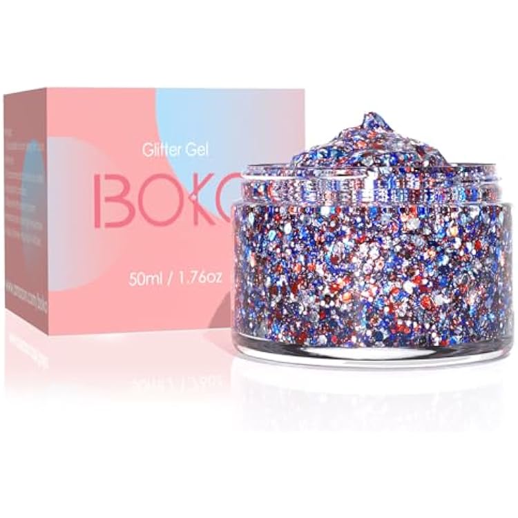 Boko 50ML Red White Blue Body Glitter Gel, 4th of July Chunky Glitter for Face Hair Body Pride Makeup, Patriotic Glitter for Independence Day Memorial Day Veterans Day Flag Party Rave Accessories