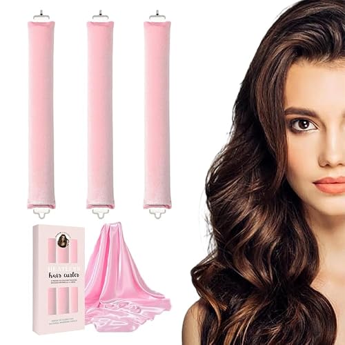 Heatless Curls Overnight Set of 3 with 1 Scarf - Heatless Hair Curler, Overnight Blowout Rods for Blowout Look Long Hair Pink