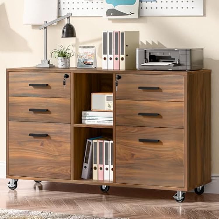 Lateral File Cabinet with Lock, Large Mobile Storage Filing Cabinet with 6 Drawers Fits Files LetterA4 Size, Rolling Printer Stand with Open Storage Adjustable Shelf for Home Office, Brown