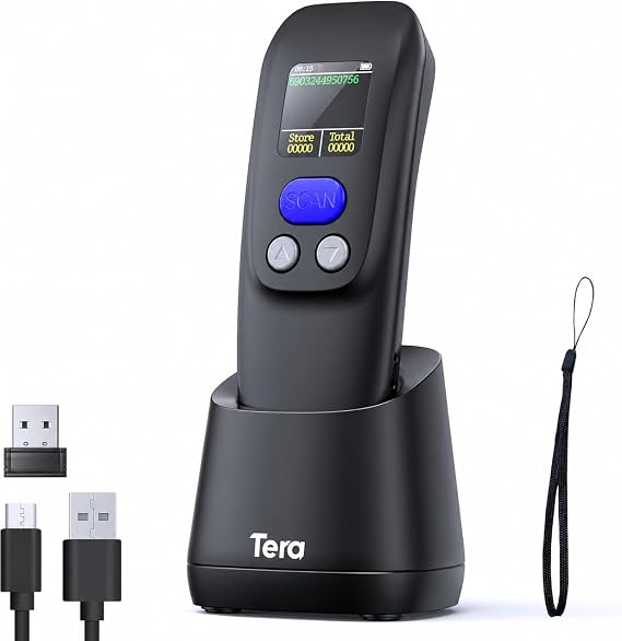 Tera 2D Barcode Scanner Wireless: BT 2.4G USB 1.4" Screen Portable 1600