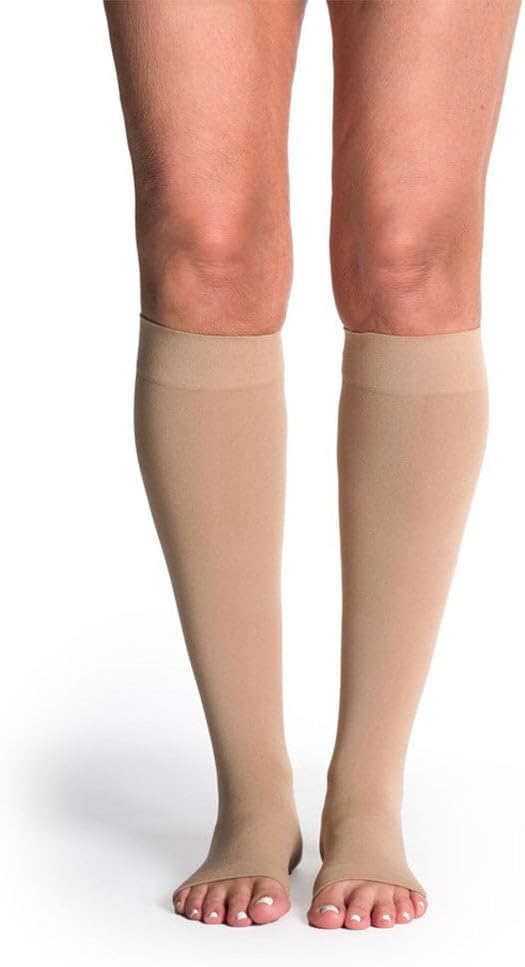 SIGVARIS Womens Style Soft Opaque 840 Open Toe Calf-High Socks 20-30mmHg - Medium Short - Chai