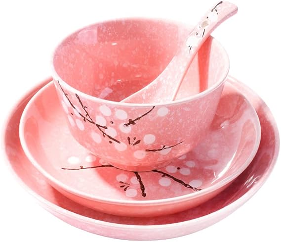 4-Piece Dinnerware Set, Plate, Dish, Bowl, Spoon (Pink plum)