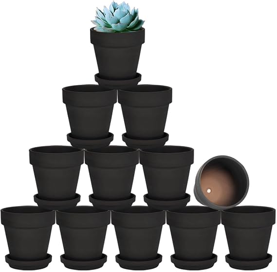 vensovo 3 Inch Black Terracotta & Clay Pots with Saucer, 12 Pack
