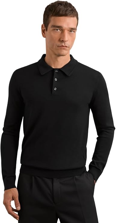 REISS Mens' Trafford LS Merino Button Polo Black