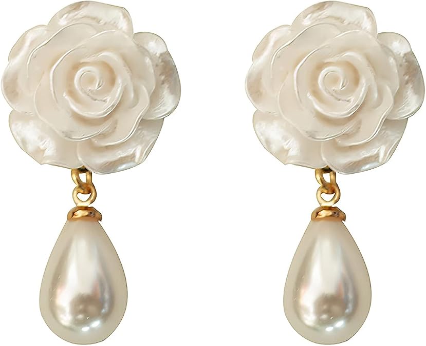 YUNXI Sweet Romantic Boho Acrylic Vintage White Rose Flower Dangle Earrings for Women Imitation Pearl Earrings