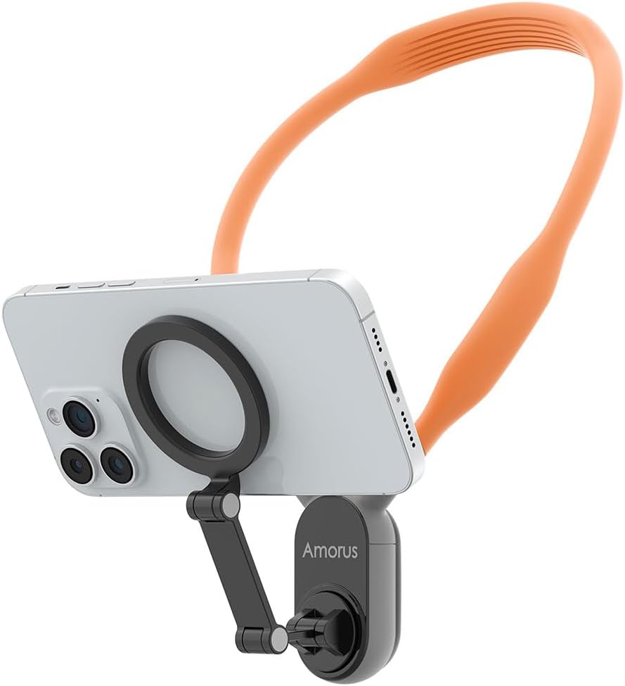 Amorus Neck Phone Holder, Hands-Free Magnetic Chest Mount for POV RecordingVlogging - Compatible with iPhone 15 14 13 12 Series and Any Phone Using Magnetic Ring - Orange