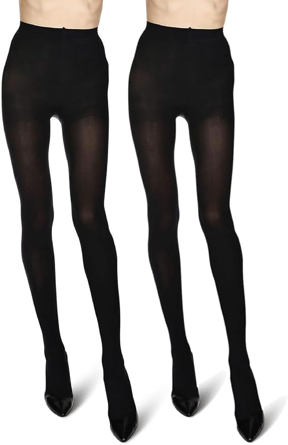 MeMoi Control Top Solid Microfiber Tights 2 Pack - Opaque Tights Women, Nylon Womens Tights - Black & Black, Large & X-Large