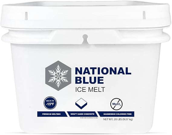 National Blue Ice Melt and Snow Salt 20lb Bucket - Fast Acting Ice Melter - Pet, Plant and Concrete Friendly, Environmentally Safe - Free of Magnesium Chloride - Melts to -15F