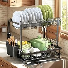 Dish Drying Rack, 2 Tier Space-Saving Dish Rack, Multifunctional Dish Drainer for Kitchen Counter with Drainboard/Utensil/Cup Holder Rustproof Carbon Steel, Black