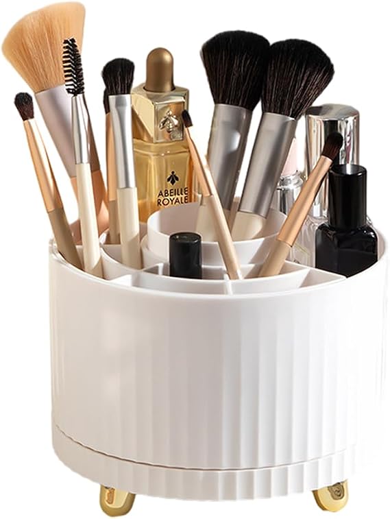 360° Rotating Makeup Brush Holder, Makeup Organiser Desktop Pen Holder Cosmetic Storage Box for Dressing Table Bedroom Bathroom Office (White)