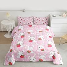 Feelyou Kids Cartoon Rabbit Comforter Set Cute Strawberry Bunnies Design Bedding Set Boys Girls Kawaii Animal Floral Comforter Lovely Pink Quilt Collection 3Pcs Queen Size Boys