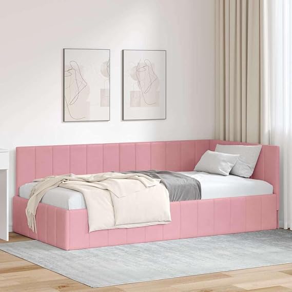Corner Bed Frame with Headboard, Pink Velvet, 90 x 200 cm, L Shape, Robust Single Bed for Bedroom, Dorm
