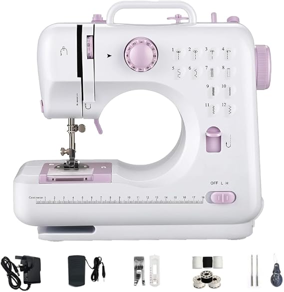 Mini Sewing Machine for Beginner, Slow/Fast Stitching 2 Speed Electric Sewing Machines with 12 Built-in Stitch Patterns, Household Small Basic Sewing Set (Purple)