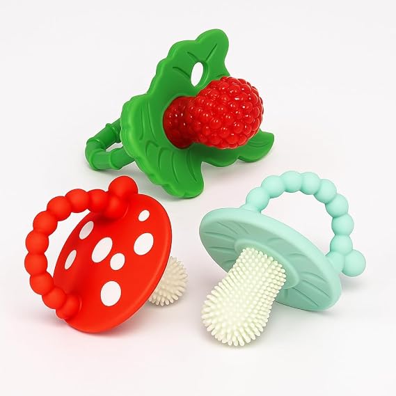 RaZbaby Teether Bundle Chompy 2-Pack & Red RaZberry Pacifier for Babies 3M+, BPA-Free, Freezable, Sensory Teething Relief, Hands-Free, Easy to Hold, Soft Silicone Great Baby Gift Set
