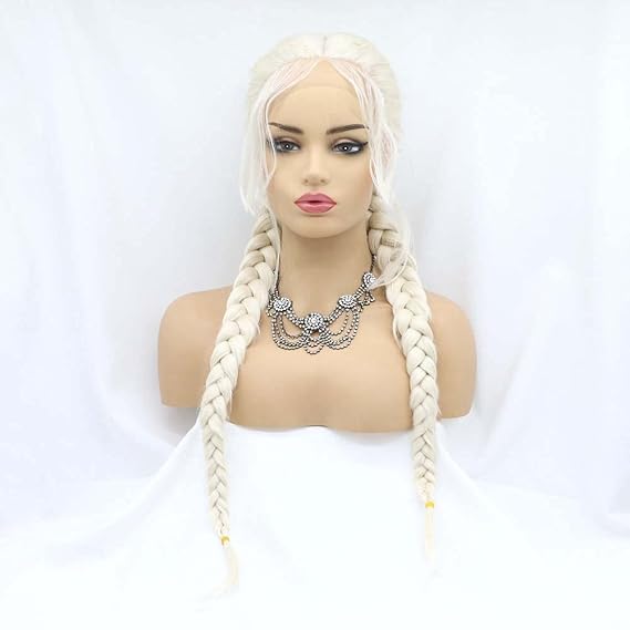 60#Color Platinum Blonde Double Braid Synthetic Blonde Lace Front Braid Wigs For Women Hair Heat Resistant Fiber Braiding Hair