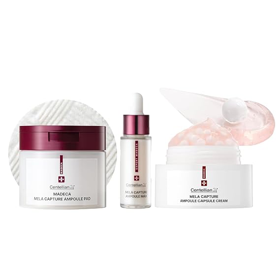 CENTELLIAN 24 Madeca Mela Brightening Set Ampoule Capsuel Cream 1.85oz + Mela Serum 0.5oz + Mela Caputre 60 Pads, Tone Correction, Hydration & Anti Aging, TECA & Niacinamide