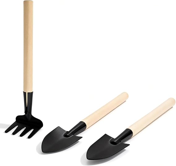 Succulent Plants Tools Transplanting Gardening Tools,Flower Gardening Kit with Wooden Handle, Miniature Garden Rake Trowel Shovel for Succulents Bonsai Terrarium Indoor Plants Care（Black,3Pcs）