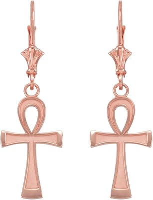 14K Yellow, White, or Rose Gold Egyptian Ankh Cross Dangle Earrings for Women Girls - Choice of Metal