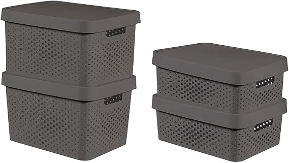 Curver Infinity Dots Set of 4 Rectangular 100% Recycled Storage Boxes with Lid x2 17 Litres x2 11 Litres - Grey