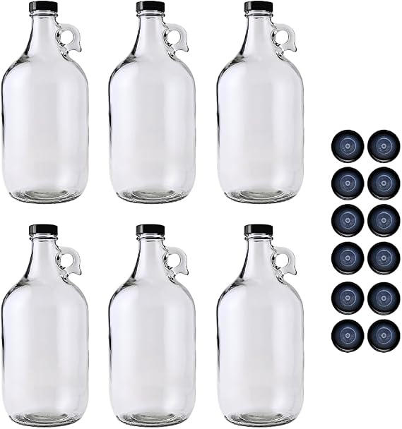 Fastrack 6-Pack Half-Gallon Glass Jug Set (64 oz) w/18 Polyseal Caps | Multipurpose Half Gallon Jug, Detergent Dispenser for Laundry, Glass Jar for Liquids, Water & Juice