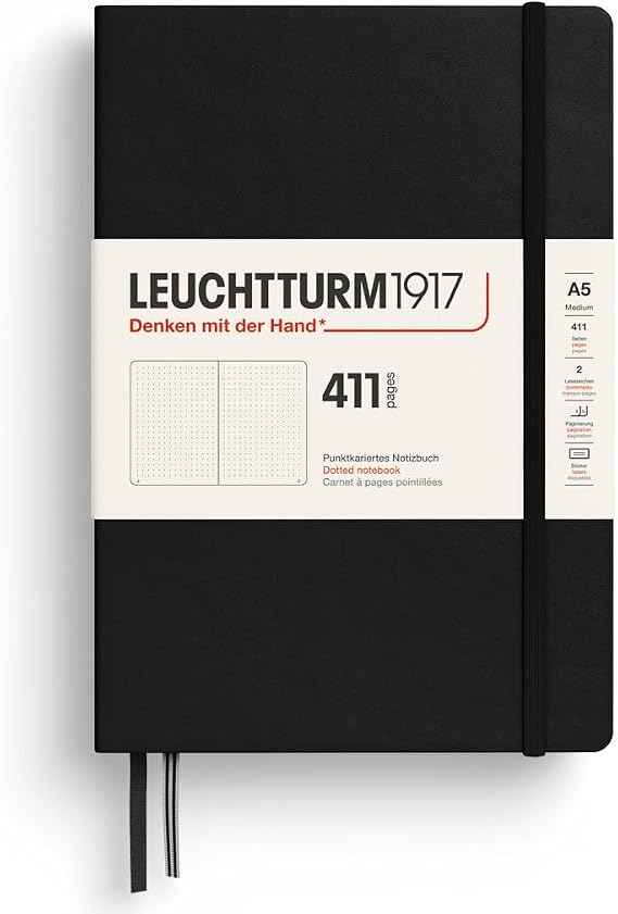 LEUCHTTURM1917 372931 Notebook 411 Medium (A5), Hardcover, 411 Numbered Pages, Black, Dotted, More Thoughts, More Ideas, More Memories, More Pages