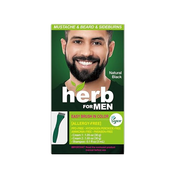 Herb For Men, PPD & Ammonia Free Mustache & Beard Dye, Vegan Natural Ingredients, Odorless, No More Skin Irritations from Coloring for Sensitive Skin Natural Black.