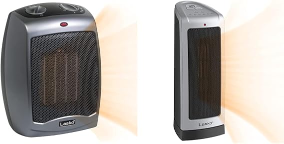 Lasko Oscillating Ceramic Tower Space Heater for Home with Adjustable Thermostat, 2-Speeds, Silver & Electric Ceramic Space Heater with Tip-Over Safety Switch for Home, 9.2 Inches, Dark Gray