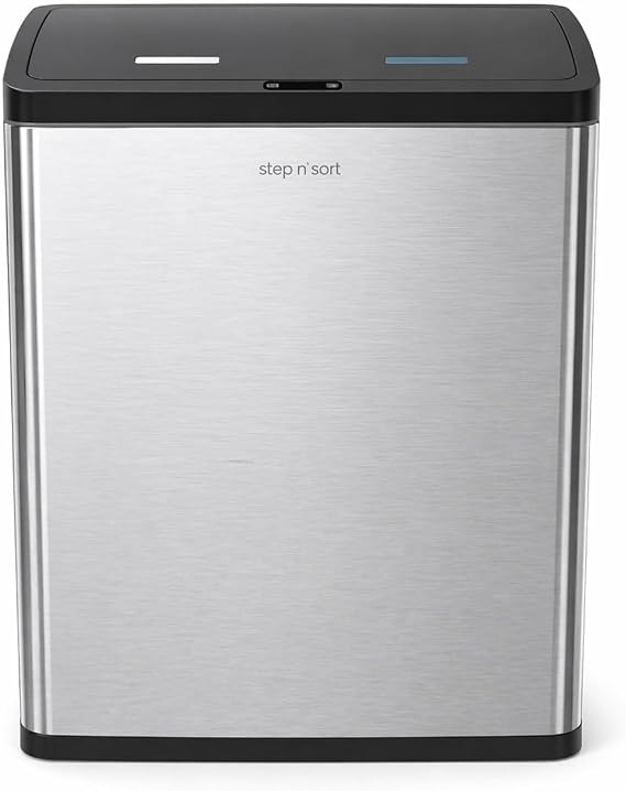 Step N' Sort Motion Sensor Trash Can (60L) Touchless Stainless Steel Kitchen Garbage & Recycling Bin with Dual Compartments, Soft-Close Lid & Fingerprint-Proof Finish