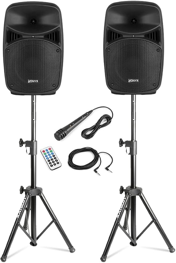 Vonyx VPS082A 8" Active PA DJ Speaker System, Stands, Bluetooth, Light Show