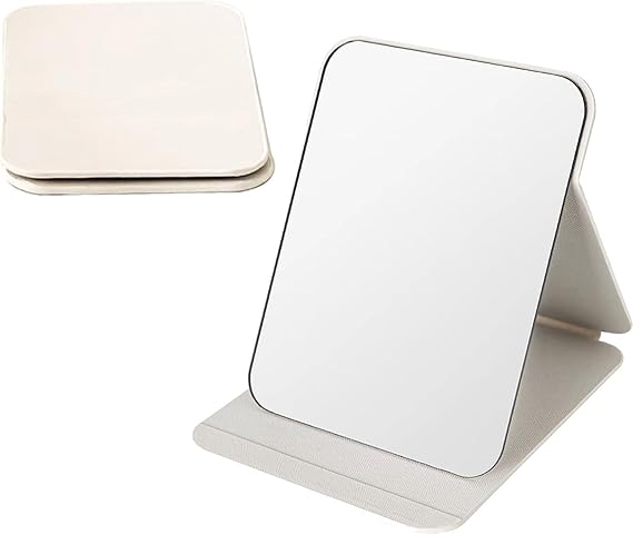 Foldable Desktop Mirror, Portable Makeup Mirror with Adjustable Angle, HD Mirror Surface & Sturdy PU Stand for Home, Office and Travel