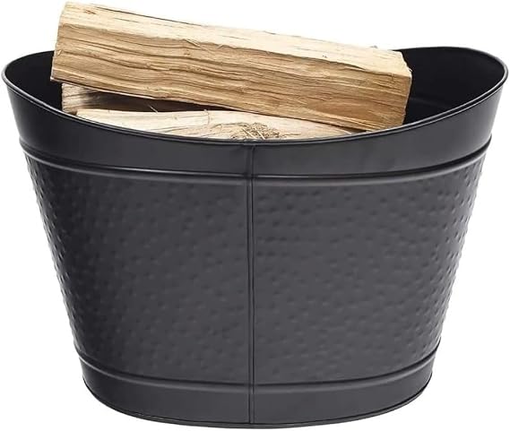Traditional Farmhouse Oval Tub Log Basket for Storage and Decoration Black Heavy Duty Metal Basket Decorative Firewood Holder for Home and Fireplace